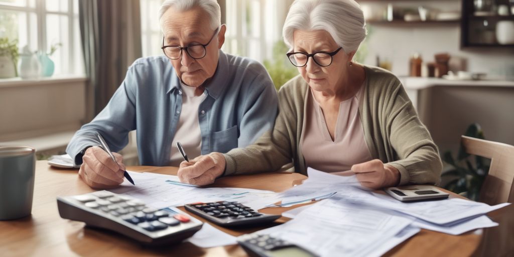 elderly couple planning retirement budget with financial documents and calculator