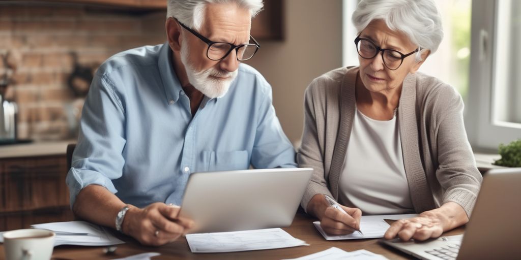 elderly couple planning retirement with financial documents and laptop