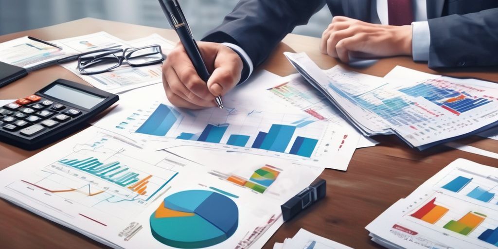 businessman analyzing financial documents with calculator and graphs