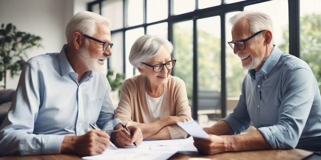 elderly couple planning retirement with financial advisor in a bright office