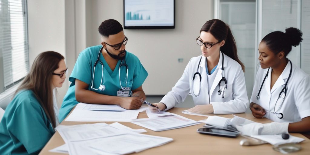 healthcare professionals discussing financial documents in hospital