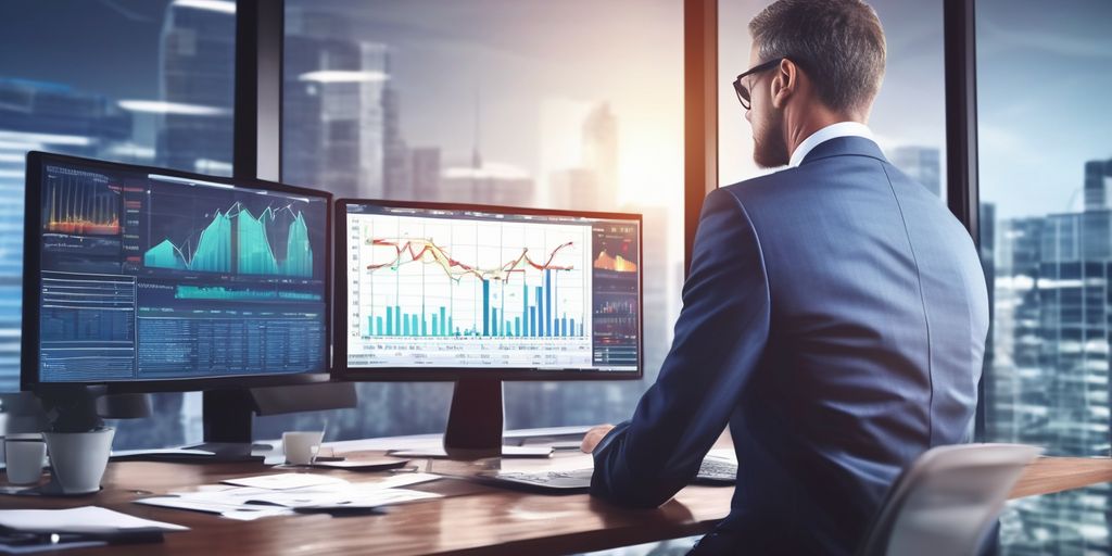 businessman analyzing financial charts on computer, modern office background