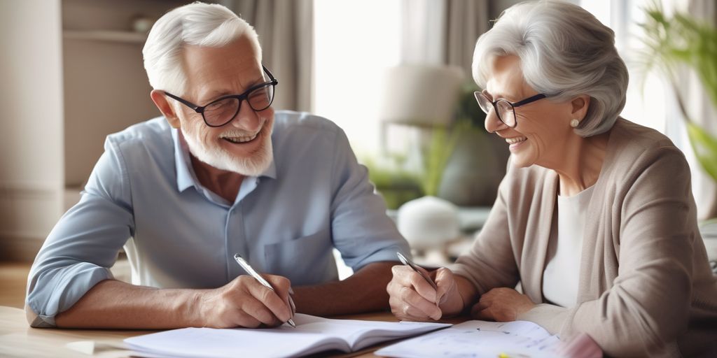 happy elderly couple planning retirement with financial advisor