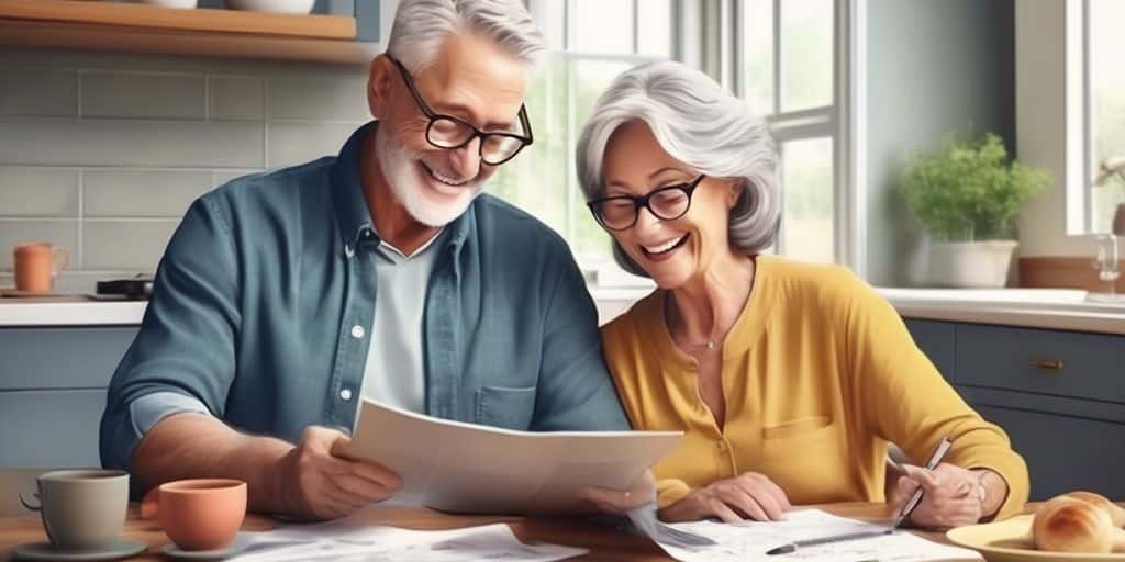 happy retired couple planning finances at home