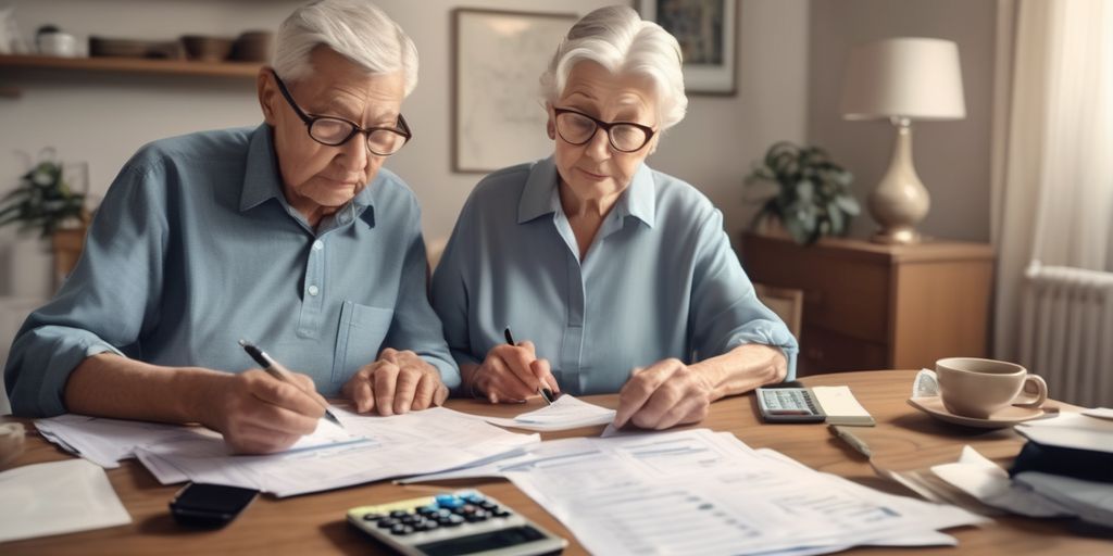 elderly couple planning budget with financial documents and calculator