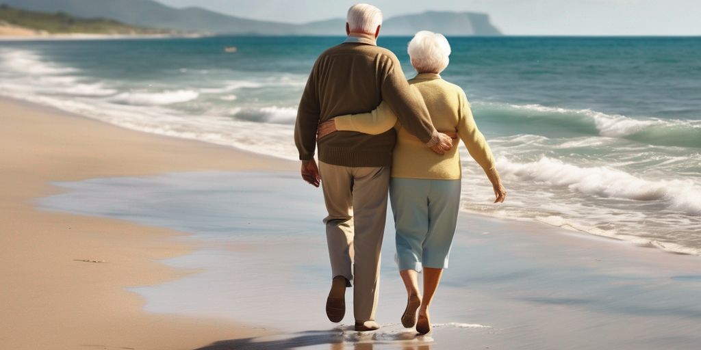 happy retired couple on a beach