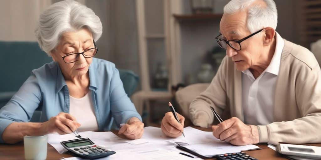 elderly couple planning budget with financial documents and calculator