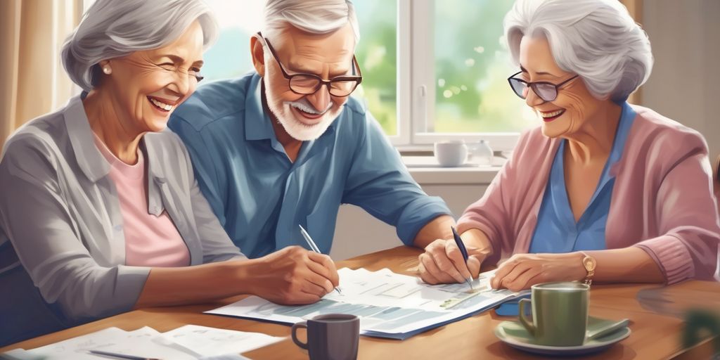 happy elderly couple planning retirement with financial advisor