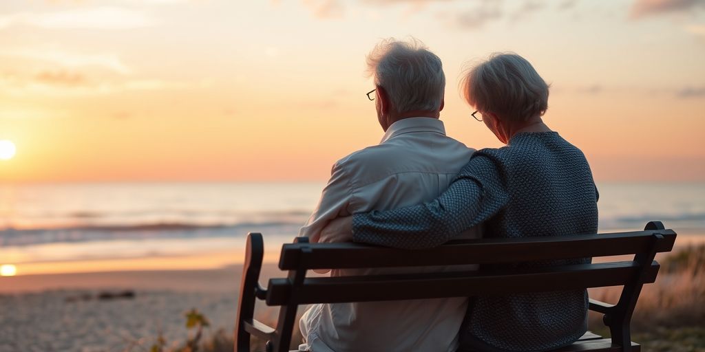 Elderly couple on bench at sunset beach