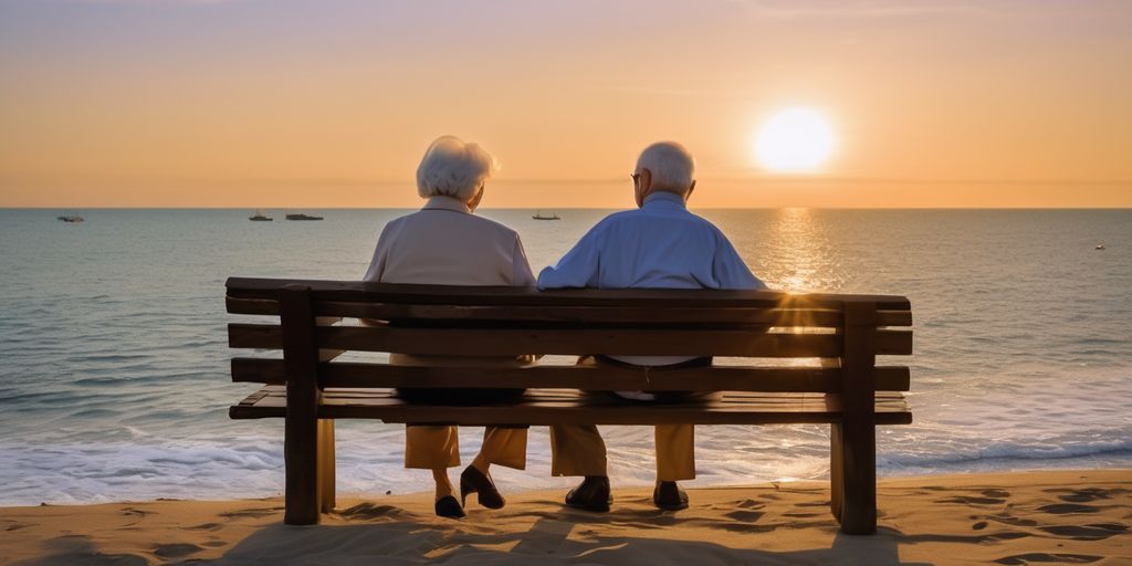 Elderly couple on a bench at sunset beach