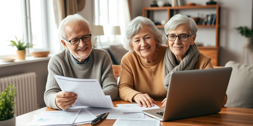 Elderly couple planning retirement budget at home.