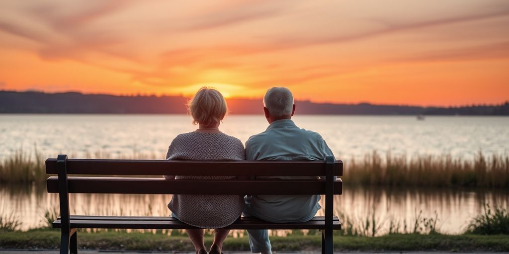 Elderly couple enjoying sunset by the lake