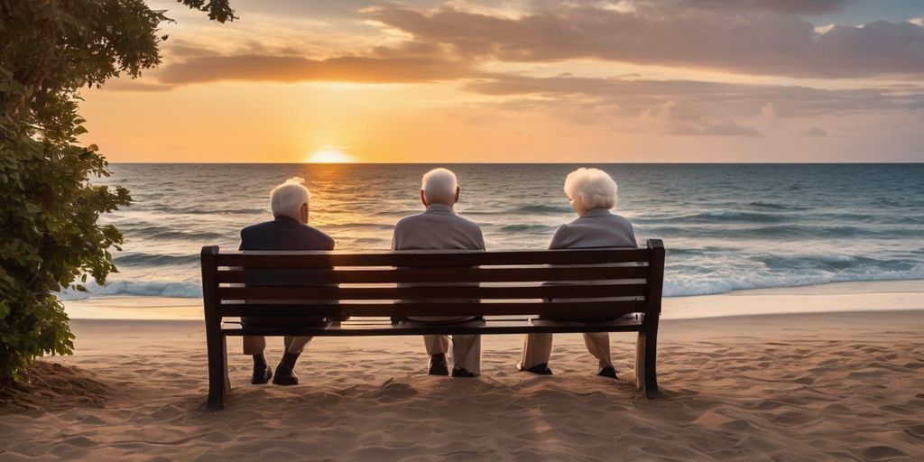 Elderly couple on bench at sunset beach