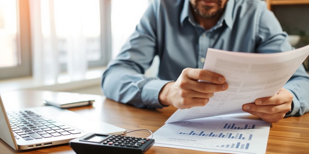 Business owner reviewing financial documents with calculator.