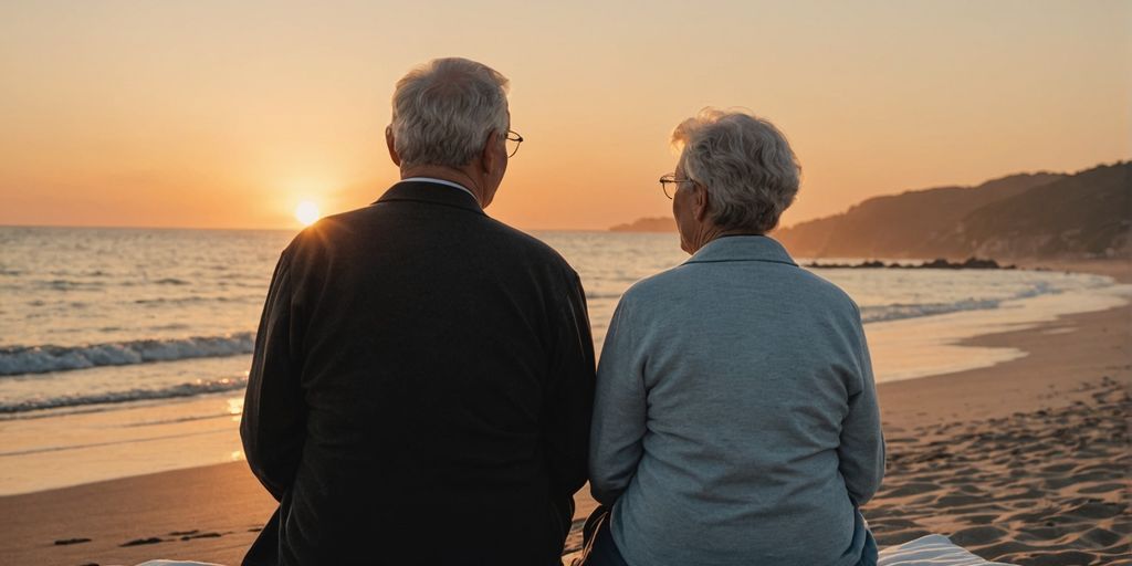 Elderly couple on beach at sunset