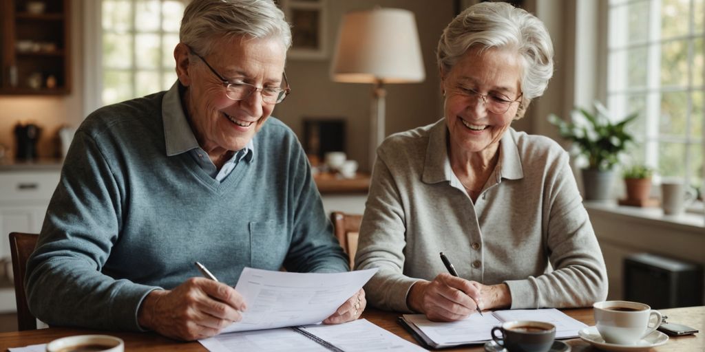 Elderly couple reviewing financial documents at home.