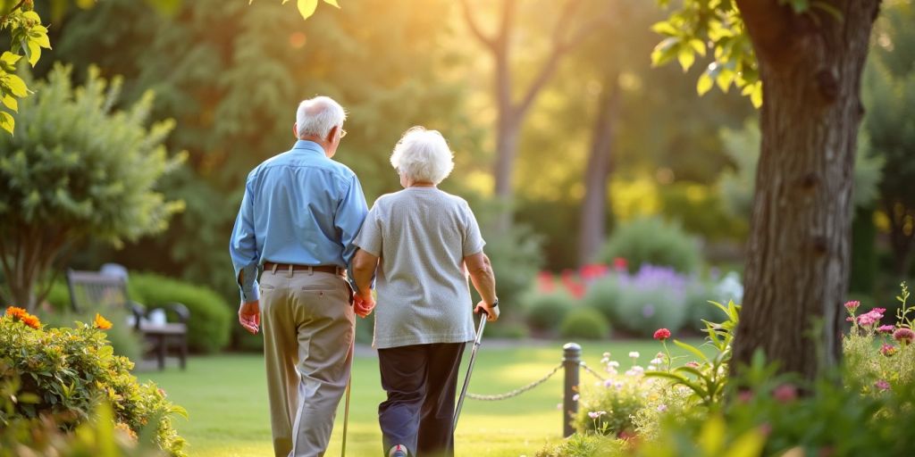 Elderly couple in a garden, representing retirement healthcare planning.