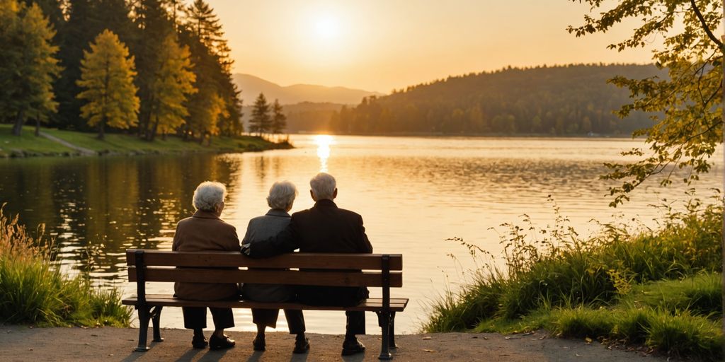 Elderly couple by lake at sunset