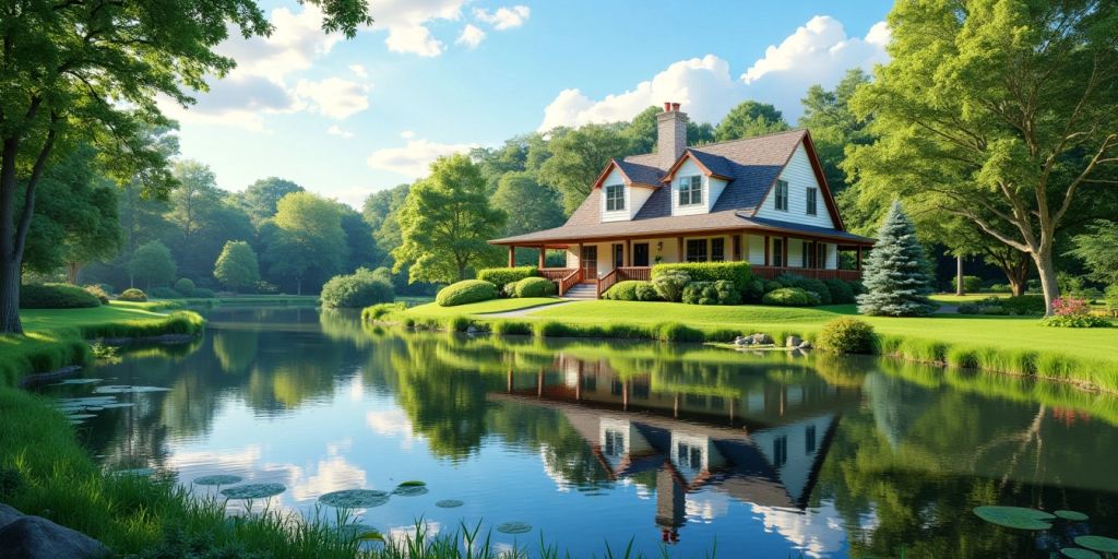 Retirement home in a green landscape with a pond.