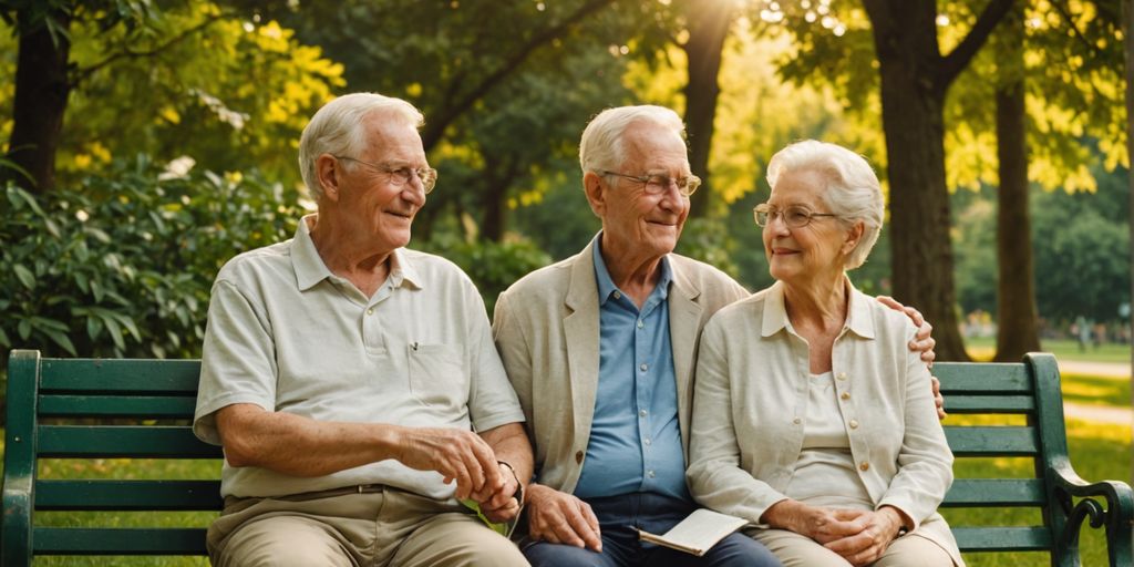 Elderly couple on park bench in sunlight