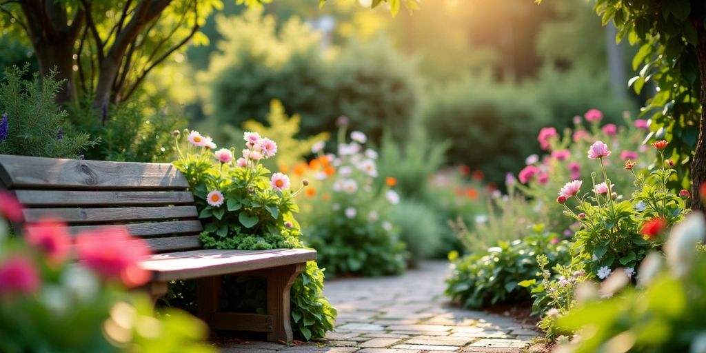 Garden scene with flowers and a wooden bench.