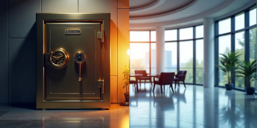 Two contrasting retirement plans: a vault and an office.