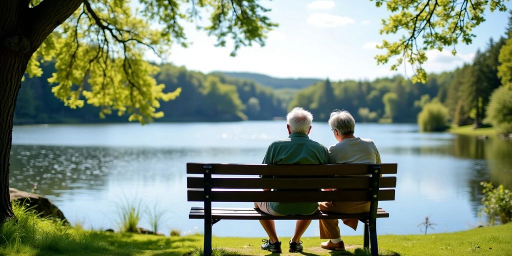 Elderly couple by a lake