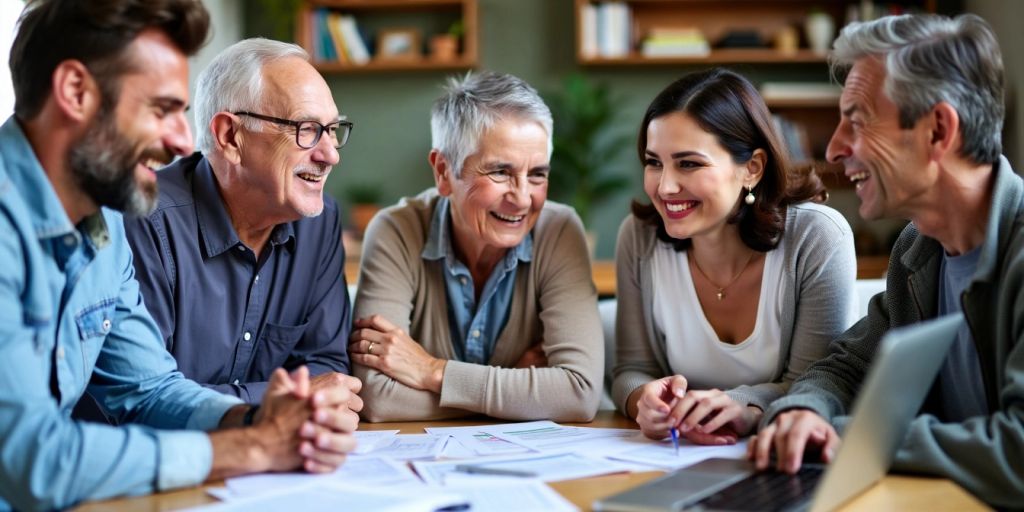 People discussing retirement plans around a table.