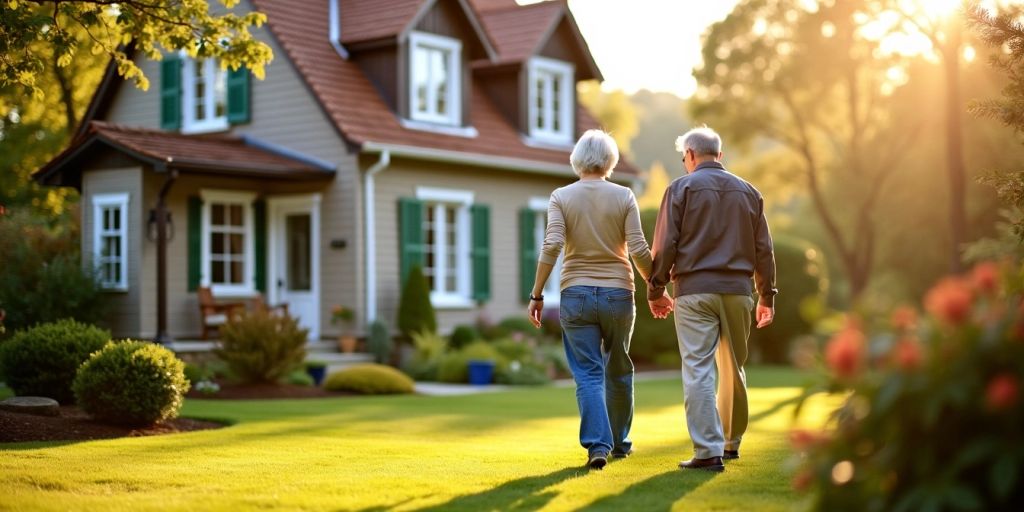 Couple enjoying retirement in a peaceful garden setting.