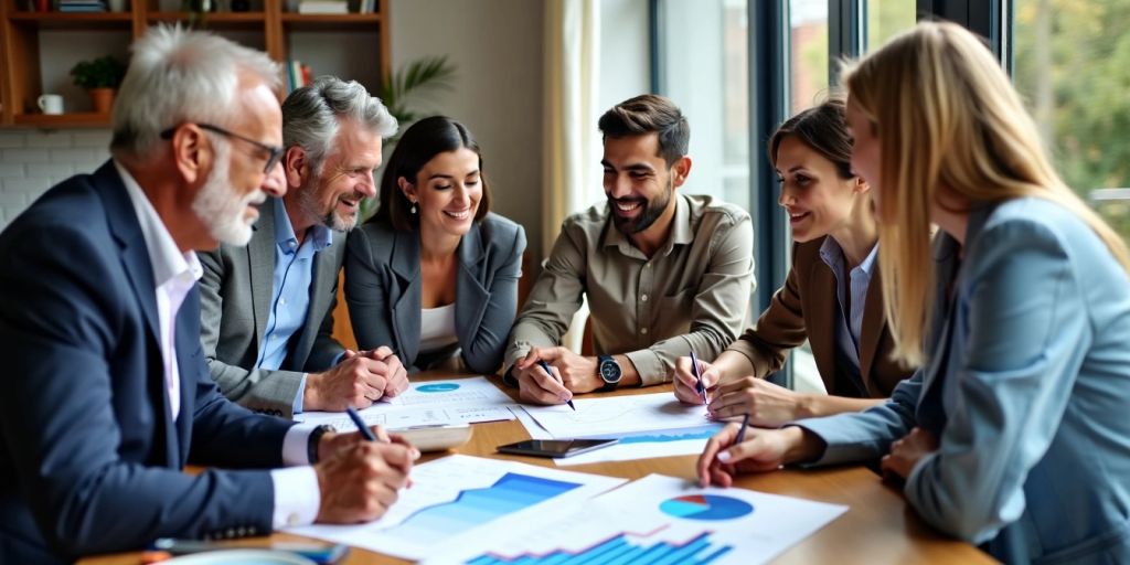 People discussing financial planning with charts and graphs.