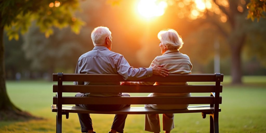 Elderly couple on park bench at sunset.