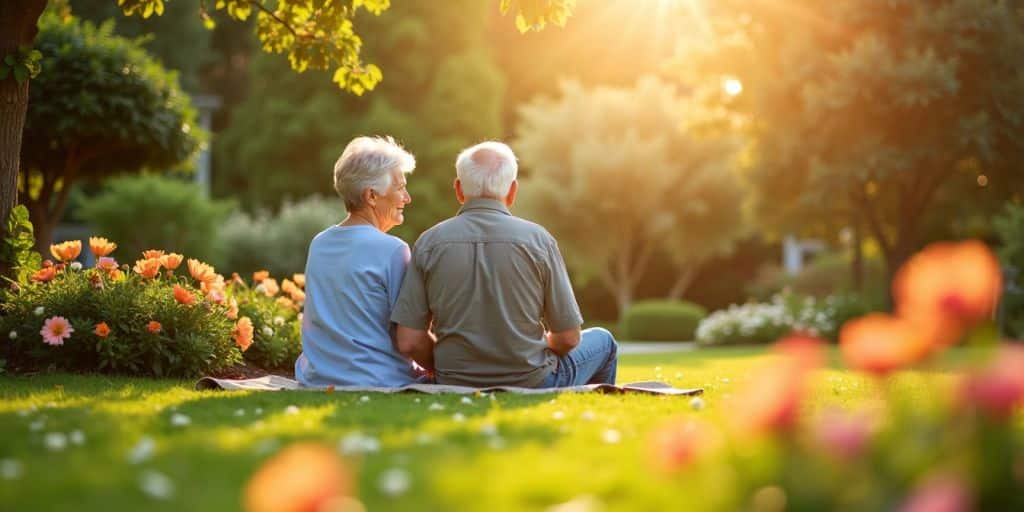 Couple relaxing in a sunlit garden during retirement.