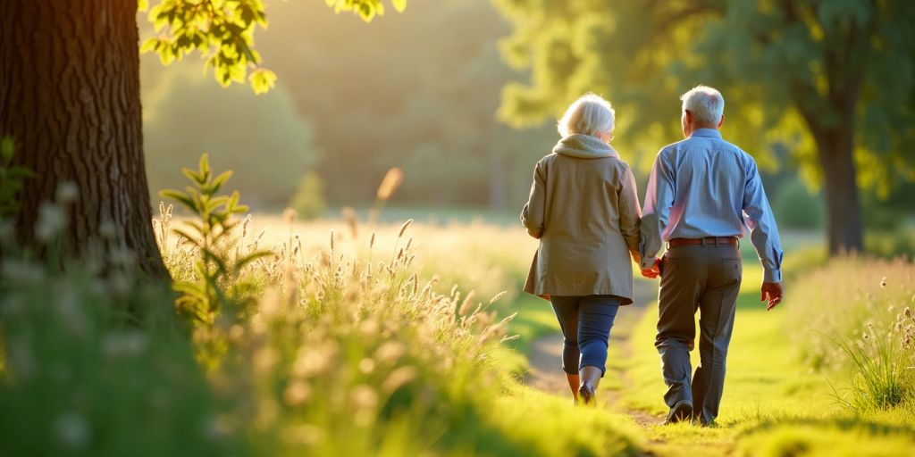 Couple enjoying nature in a peaceful retirement setting.