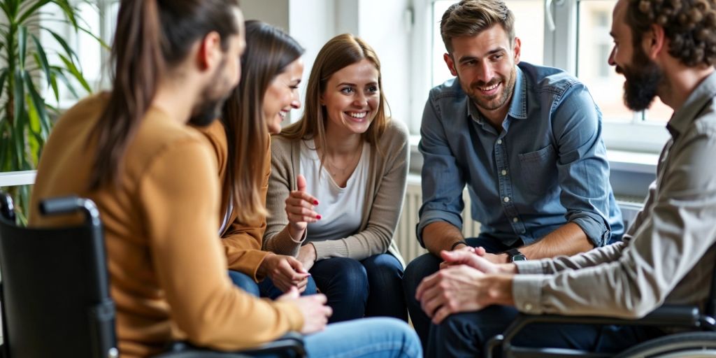 Diverse group discussing disability benefits in an office setting.