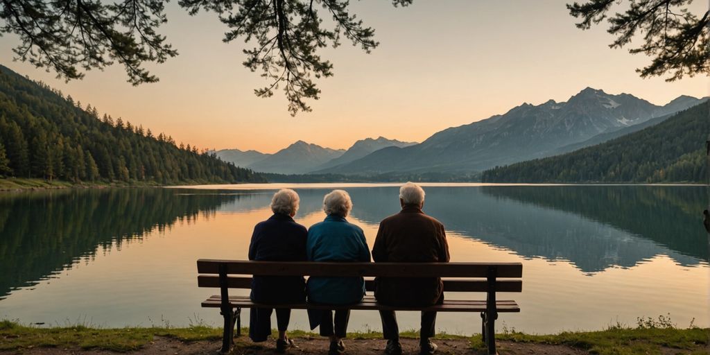 Elderly couple on bench by lake at sunset.