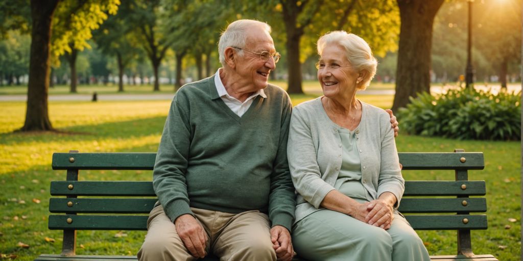 Elderly couple holding hands in a park at sunset.