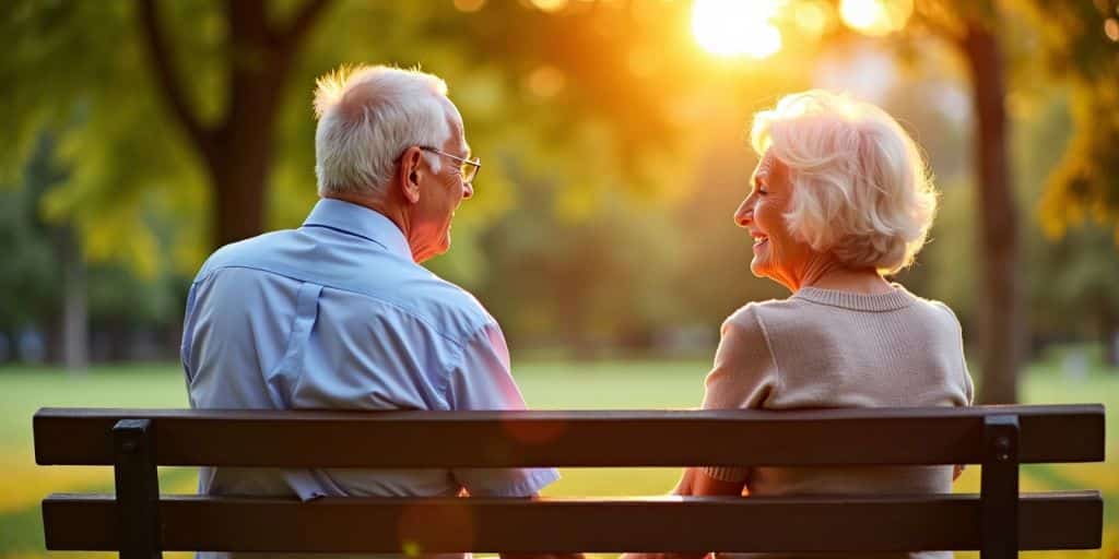 Elderly couple on park bench at sunset