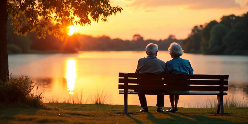 Elderly couple by lake at sunset