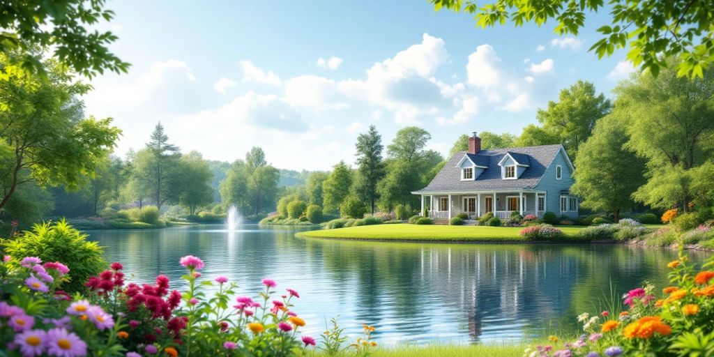 A peaceful retirement home by a tranquil lake.