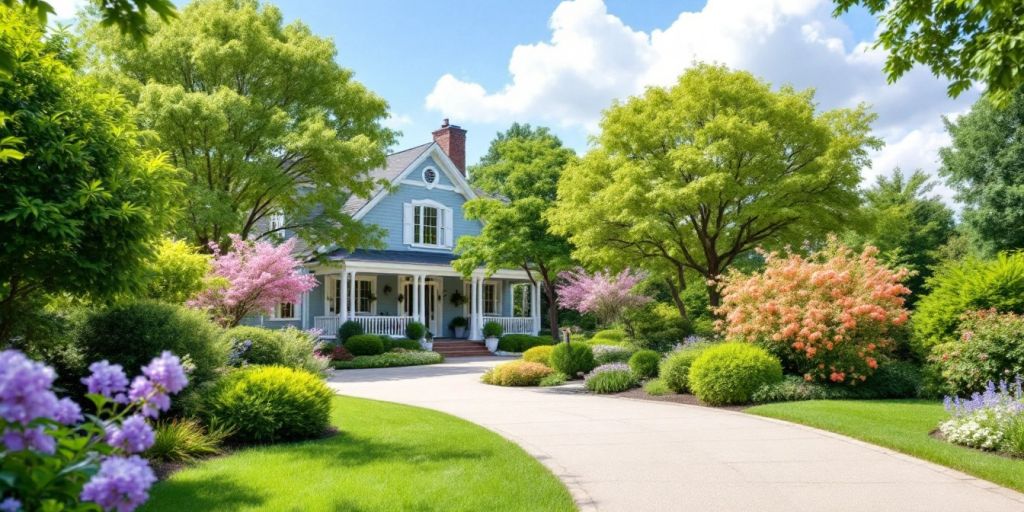 Peaceful retirement home in a lush green landscape.