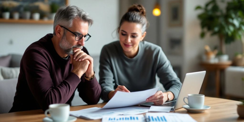 Couple planning retirement with documents and laptop at home.