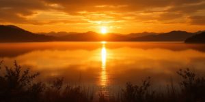 Serene sunset over a calm lake with silhouettes.