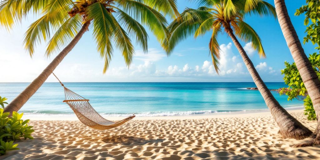 Beach with palm trees and hammock for retirement.