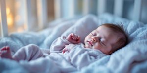 Newborn sleeping in a cozy crib with soft colors.