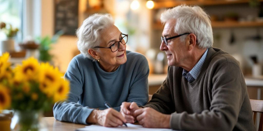 Elderly couple discussing Social Security benefits at home.