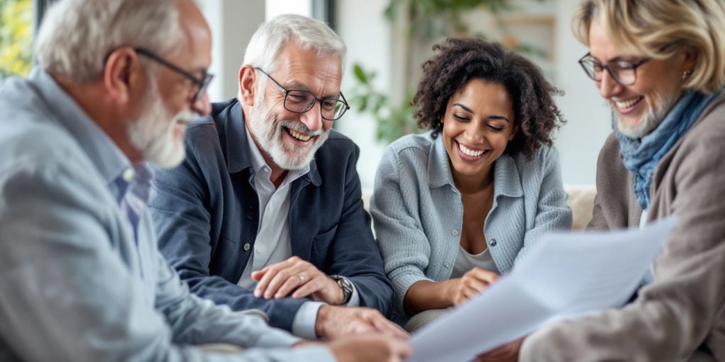 Group of older adults discussing retirement plans together.