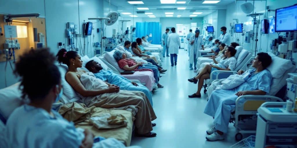 Hospital scene with diverse patients and medical professionals.