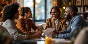 Group of professionals discussing retirement planning in an office.