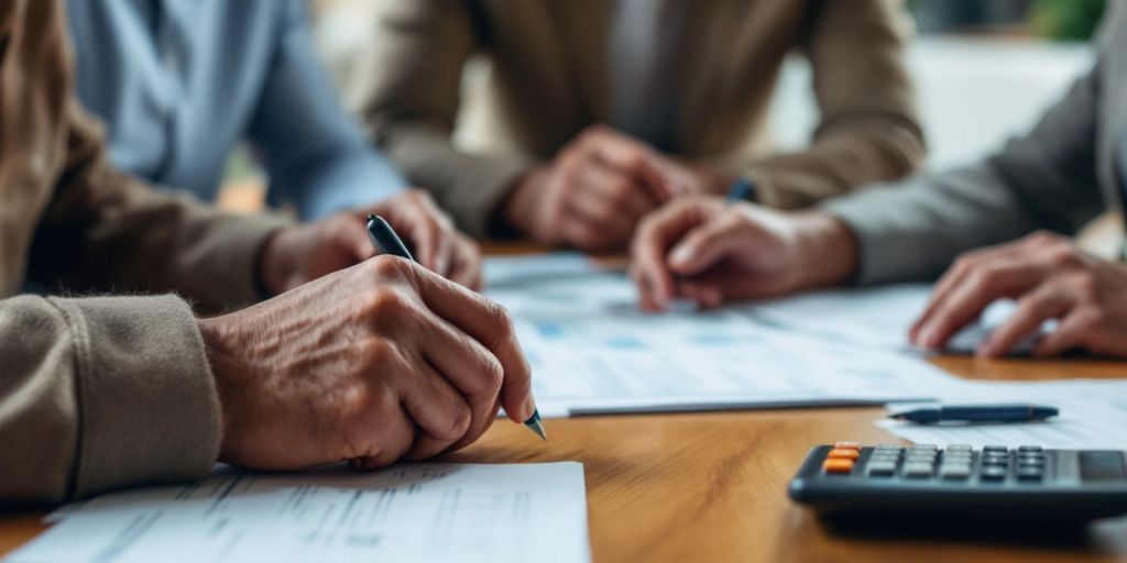 People discussing retirement planning with financial documents.