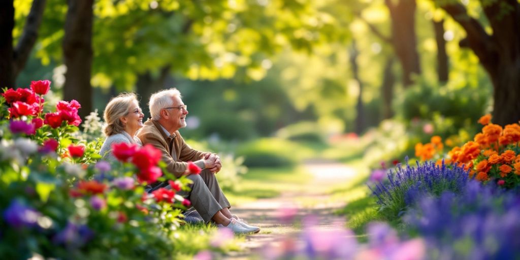 Couple enjoying a peaceful park in retirement.